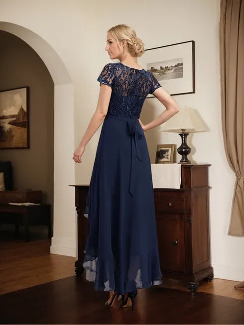 A-line Scoop Illusion Asymmetrical Chiffon Lace Mother of the Bride Dress With Bow Ruffle Sequins