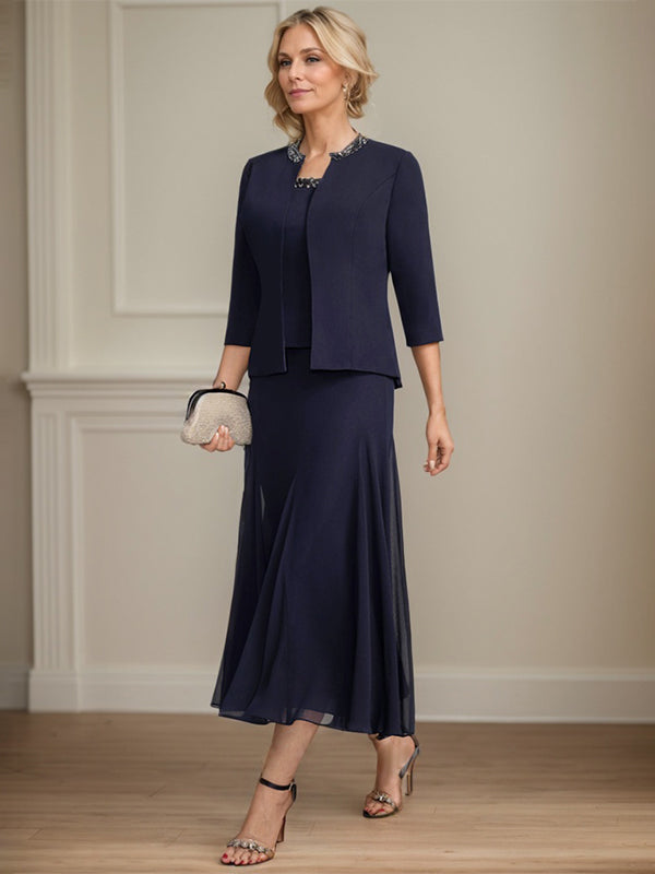 Separates A-line Scoop Tea-Length Chiffon Mother of the Bride Dress With Sequins Beading