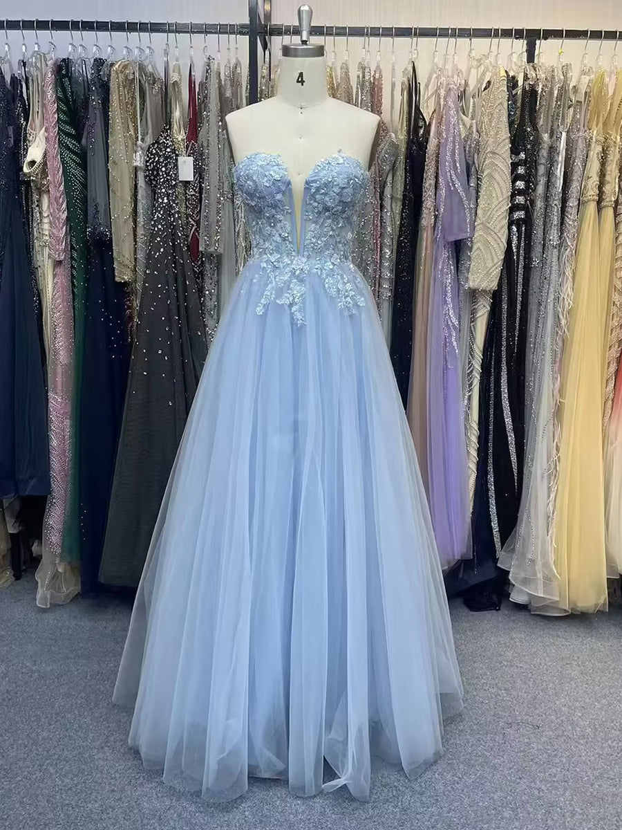 Sky Blue Floral Lace Applique Strapless Tulle Prom Dress