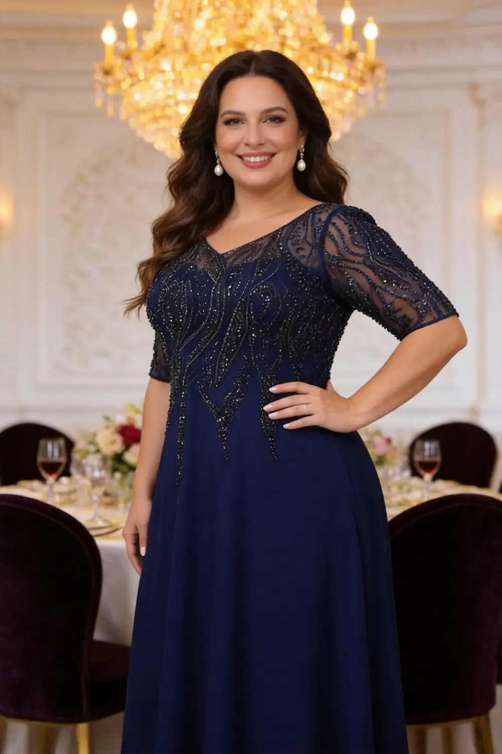 Plus Size Navy Blue Beaded Chiffon Formal Gown For Mother Of The Bride (ZD17143)