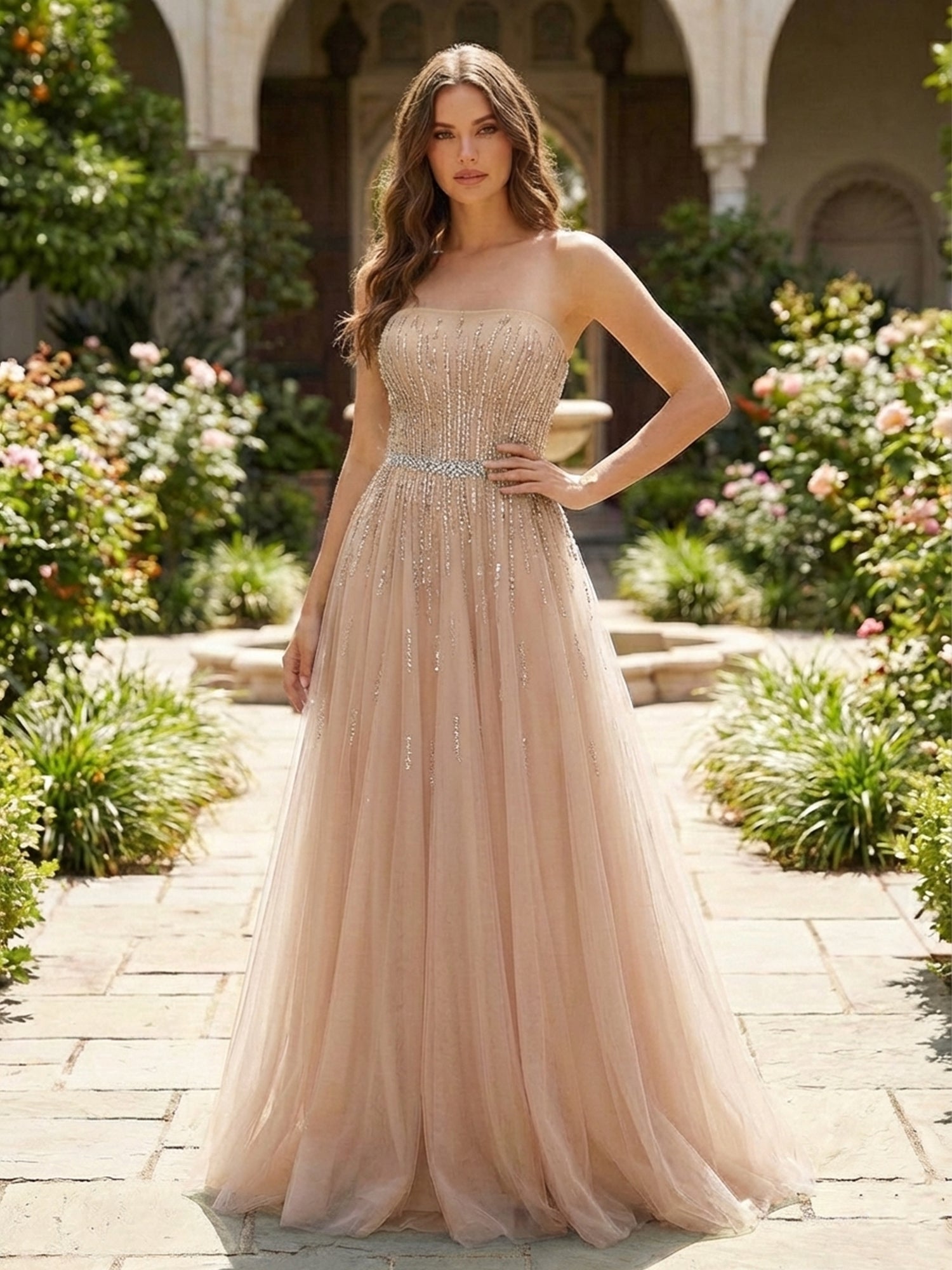 Strapless Beaded Tulle A-Line Long Prom Dress