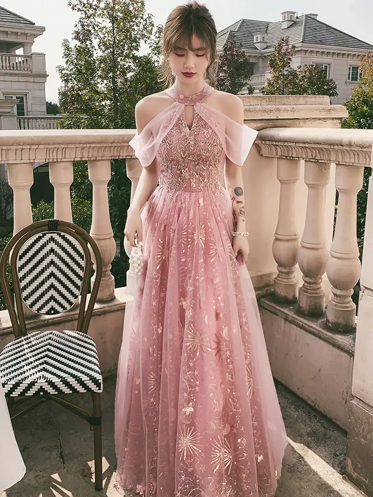 Pink Tulle A-line Long Formal Dresses, Pink High Neckline Party Dresses Prom Dresses by tangjianjun