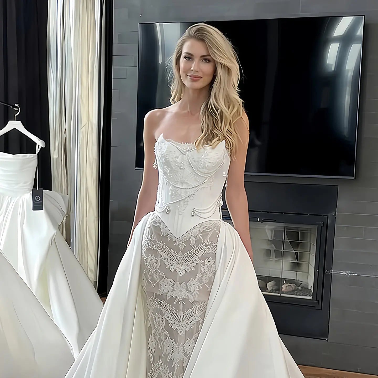 Elegant Ivory Strapless Beaded Corset Lace Mermaid Wedding Dress with Overskirt ZP101
