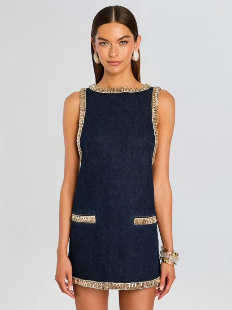 Navy Denim Crystal Trim Shift Mini Dress