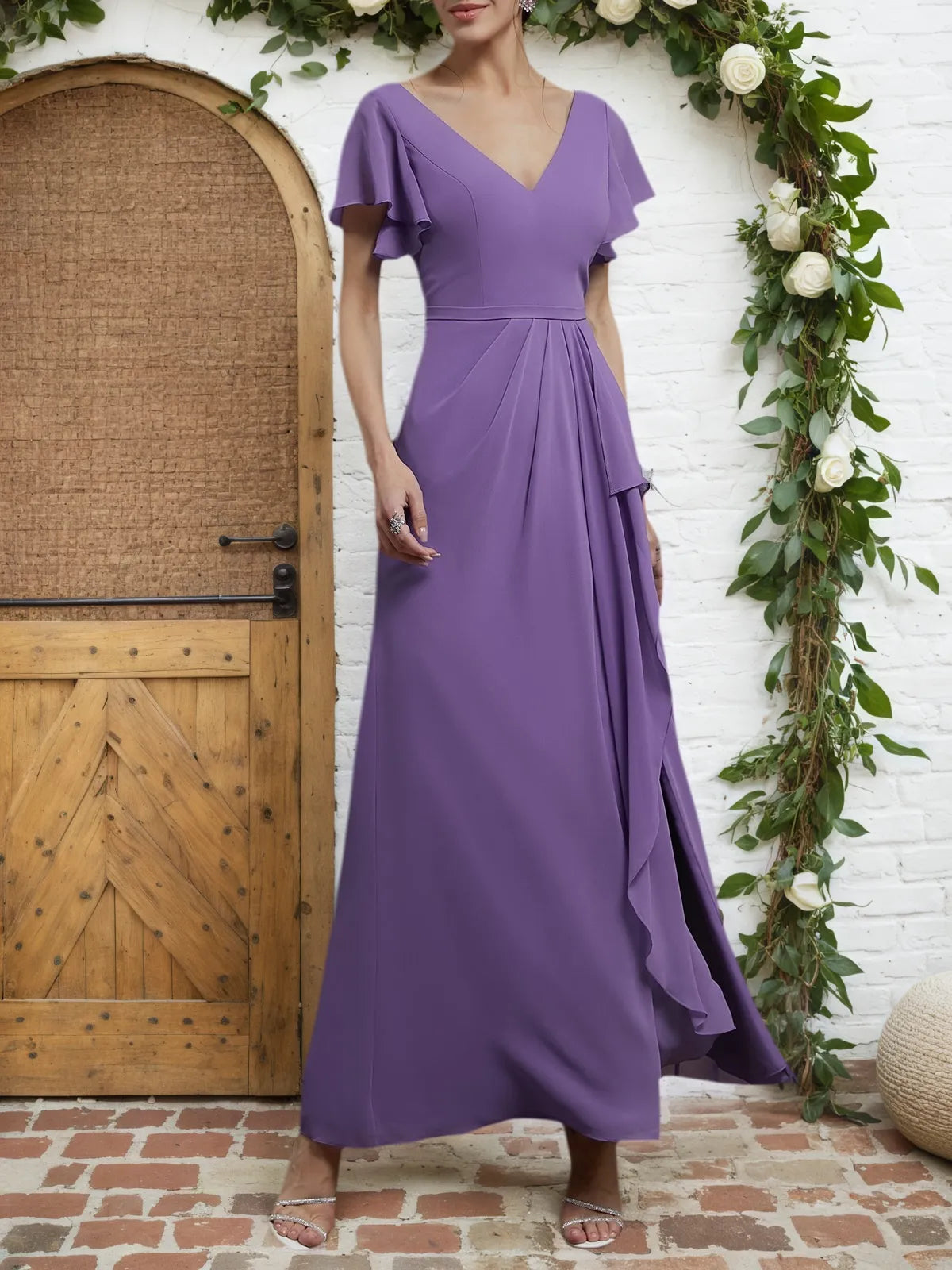 Purple Ruched V-Neck Ruffle Sleeve A-Line Maxi Chiffon Bridesmaid Dress - View 3 | FashionDia