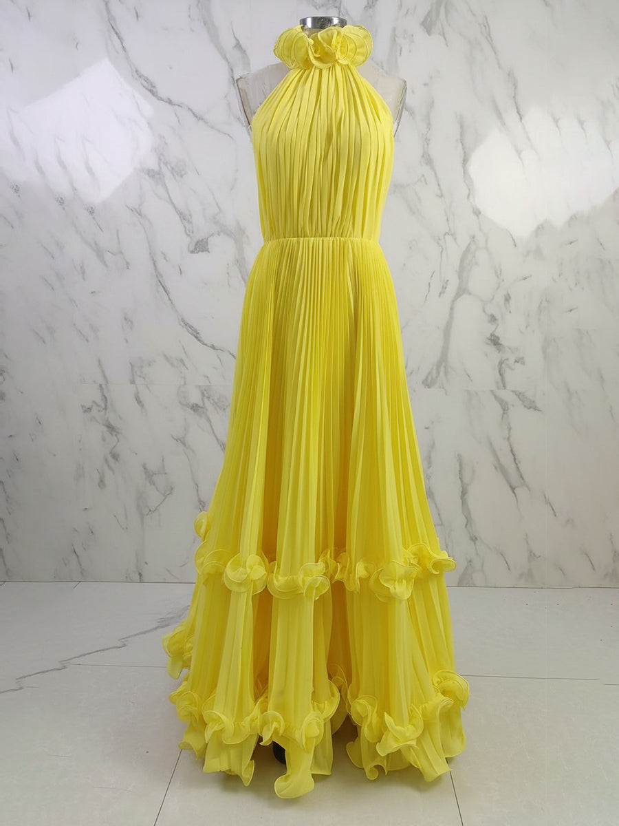 Yellow Pleated Halter Ruffle Long Prom Dress