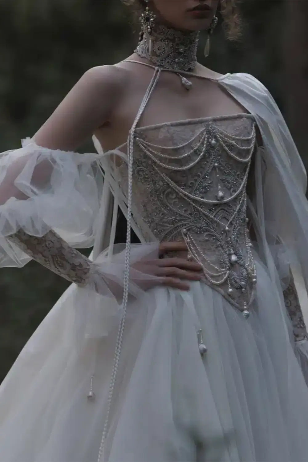 White Draped Pearl Tulle Ball Gown Bridal Dress with Puff Sleeves ZP205