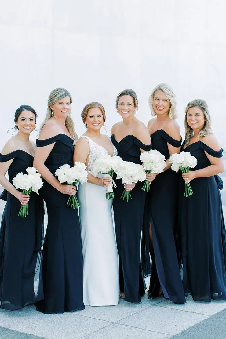 Black Mermaid Off-Shoulder Side Slit V-Neck Chiffon Long Bridesmaid Dress