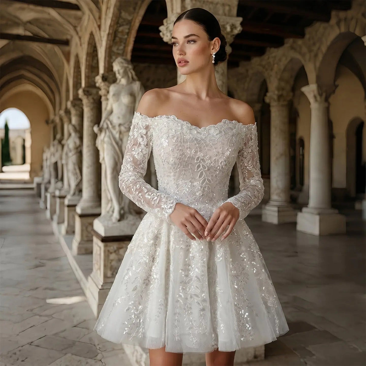 Elegant Off White Off-the-Shoulder Lace Short Wedding Dress ZP048