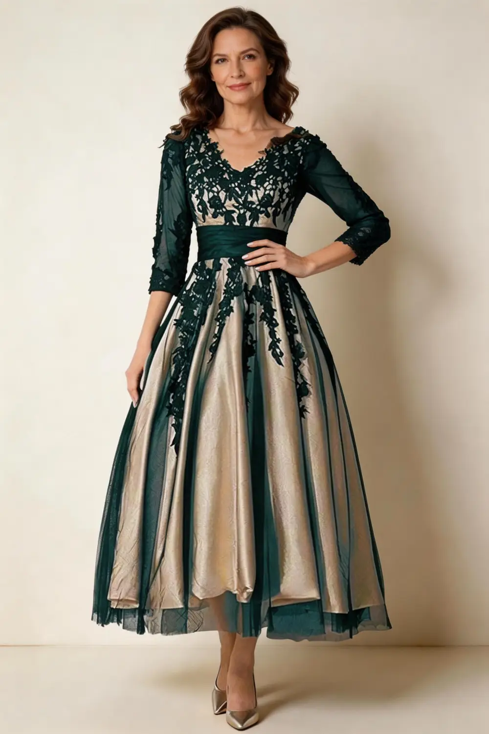Dark Green Lace Applique Champagne Satin Mother Of The Bride Dress (ZD17159)