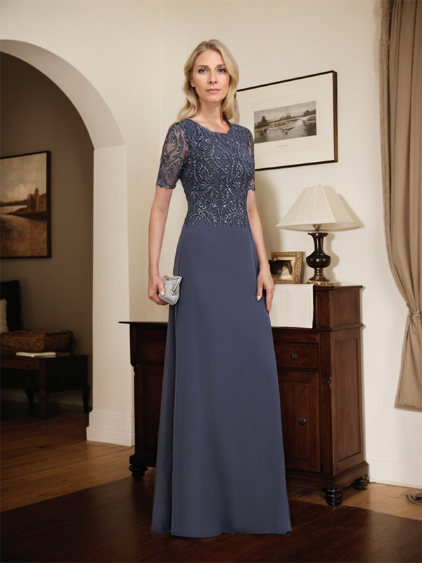 A-line Scoop Floor-Length Lace Chiffon Mother of the Bride Dress With Sequins - View 4 | FashionDia