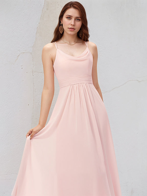 Blushing Pink A-Line Cowl Floor-Length Chiffon Bridesmaid Dress