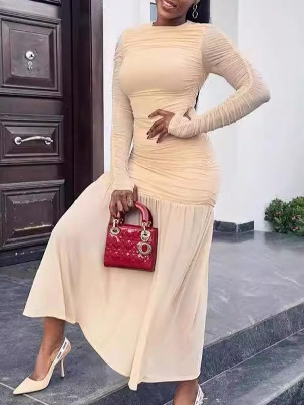 Long Sleeves Skinny Pleated See-Through Solid Color Split-Joint Round-Neck Evening Dresses Maxi Dresses - View 5 | VelvetHem