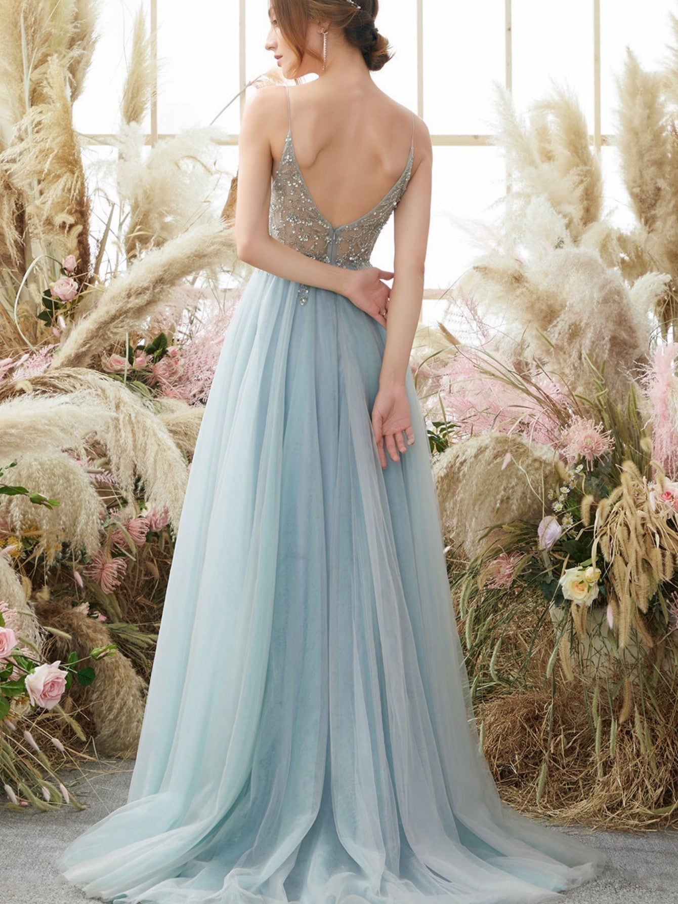 A Line Grey Glitter Tulle Long Prom Dress - Fashionpara