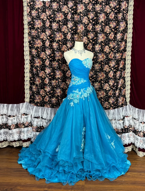 Sweetheart Blue Long Prom Dress With Applique Vintage Formal Evening Dress