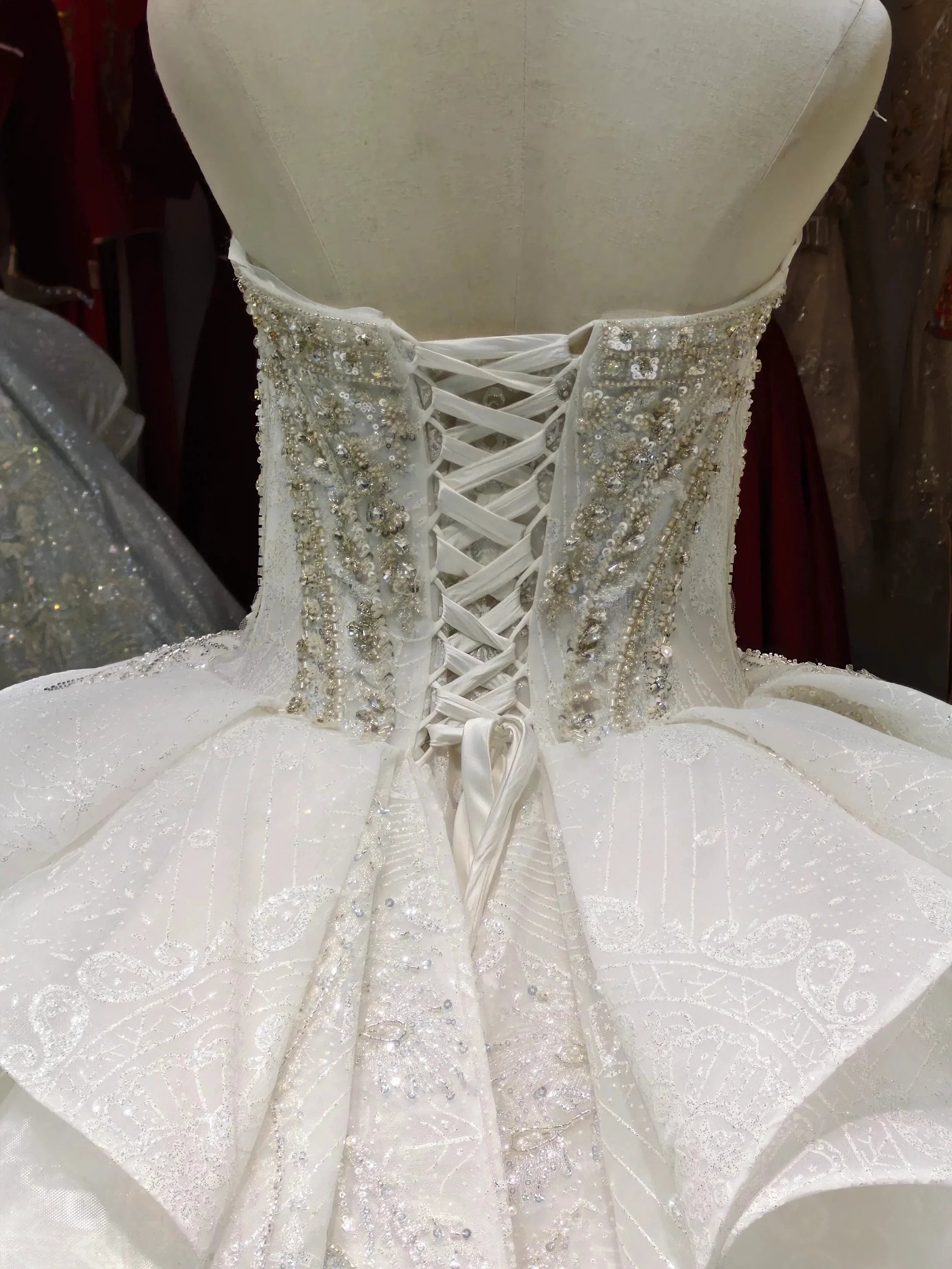 White Gleam Strapless Ballgown Beaded Bust & Ruffled Train (ZD16779)