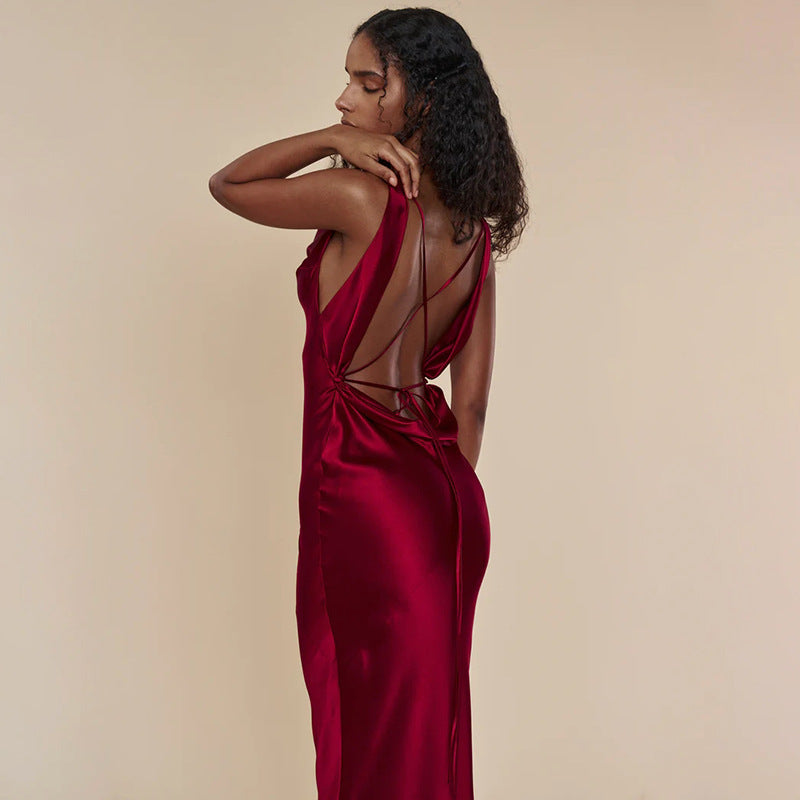 Women Clothing Cocktail Evening Dress Sling Swing Collar Dress Sexy Sexy Backless Lace Up Maxi Dress - VelvetHem
