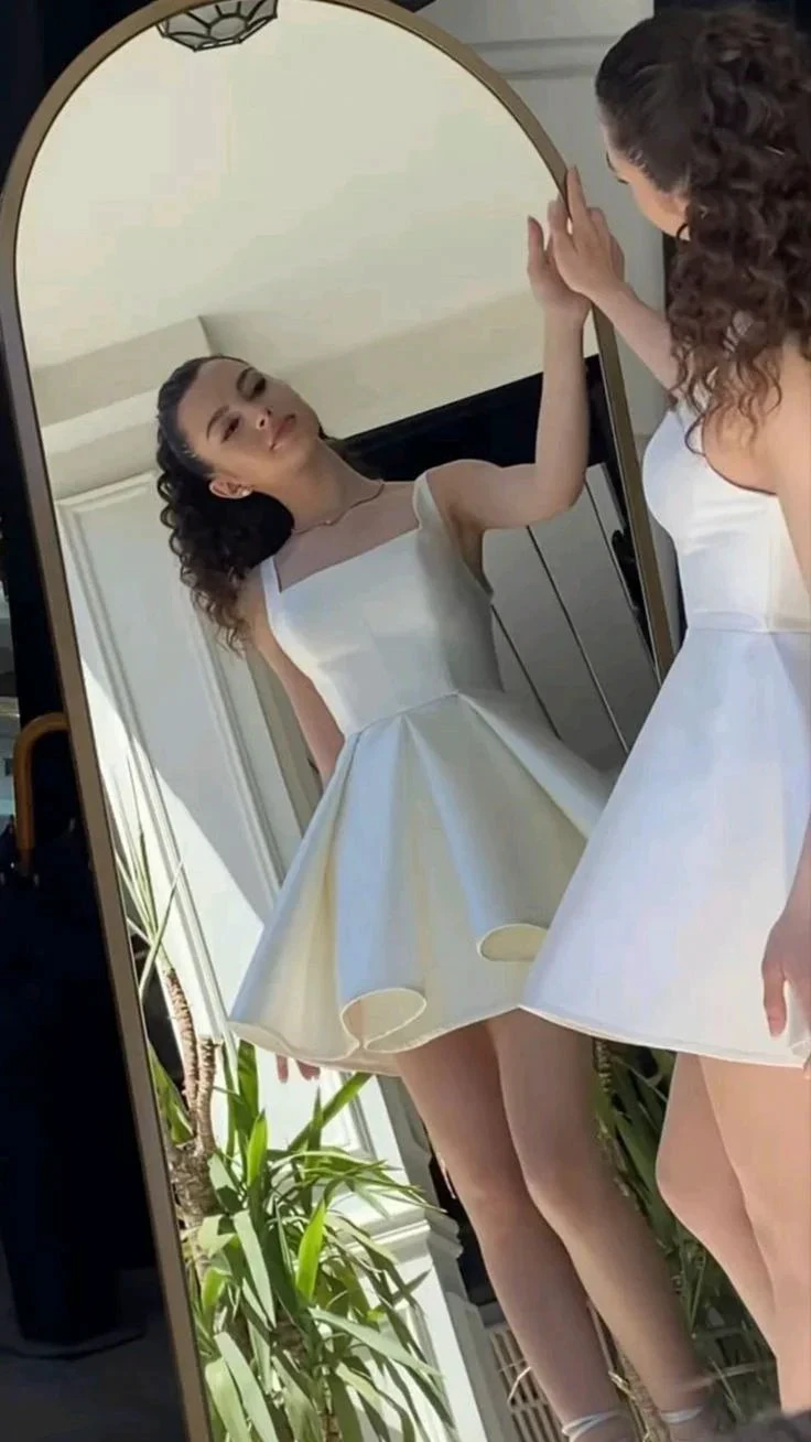 Elegant A Line Straps Ivory Satin Short Homecoming Dress Birthday Dress (ZD11383)