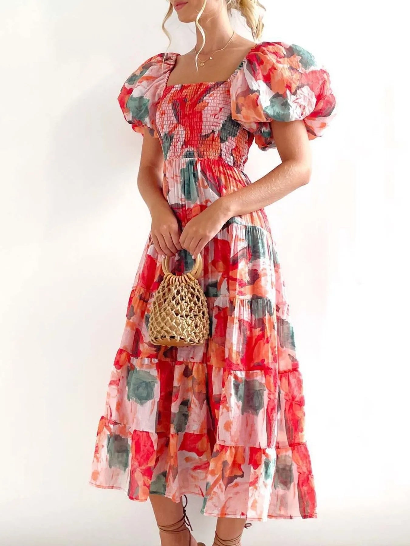 Ersilia Premium Dress with Puff Sleeves and Floral Print Chic Silhouette Collection