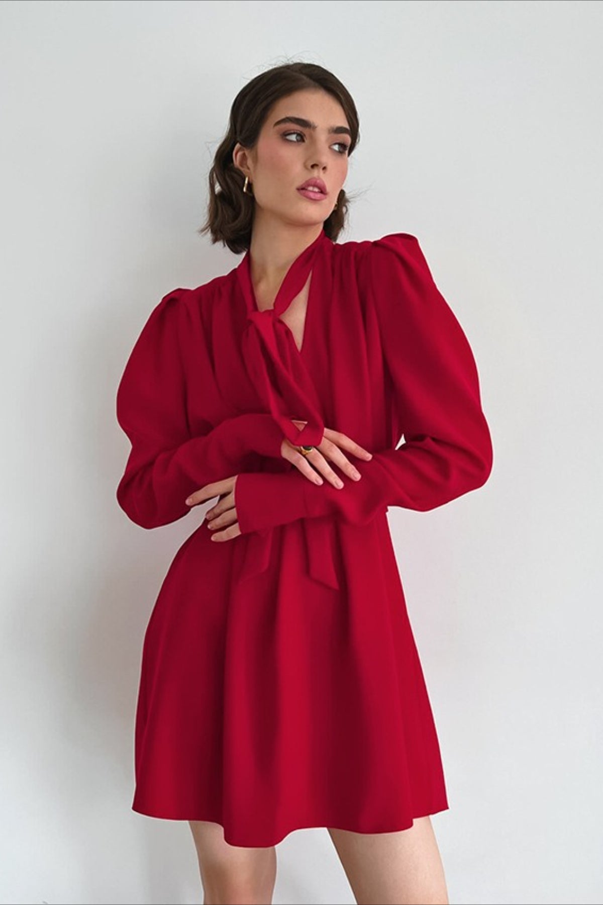 Black V Neck Puff Sleeve Mini Dress