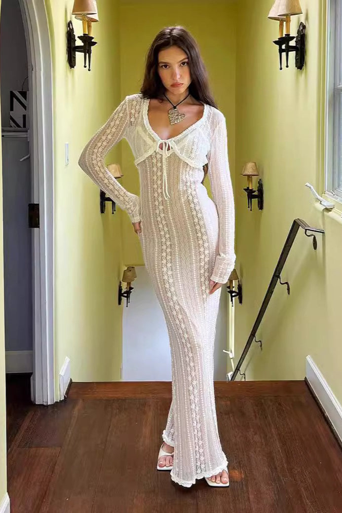 V Neck Long Sleeve Split Lace Dress - VelvetHem