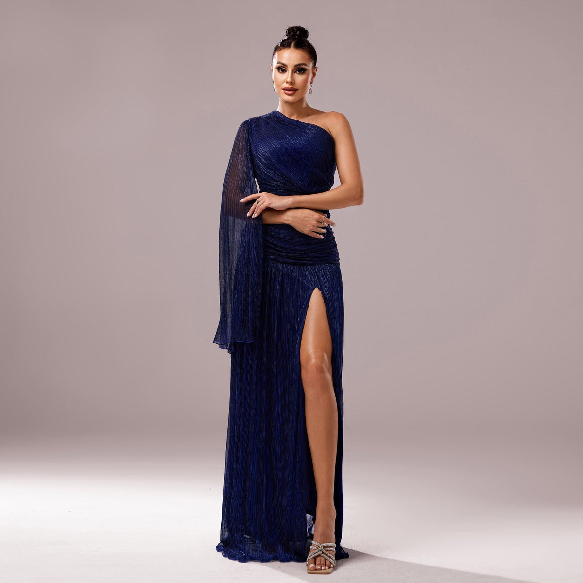 One-Shoulder Long Sleeve Slit Gown - Elegant Evening Dress - View 7 | VelvetHem