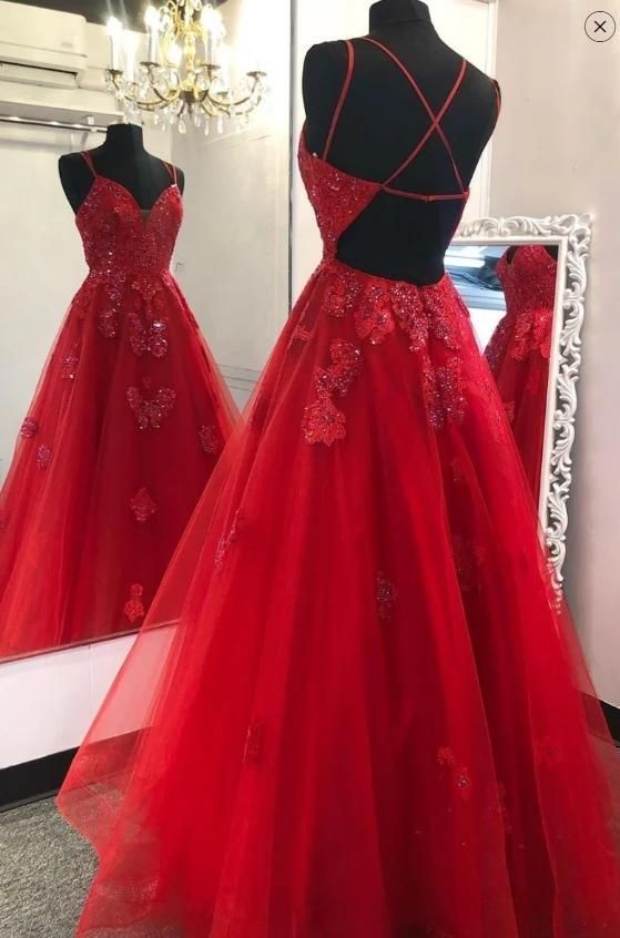 V Neck Spaghetti Straps A Line Lace And Tulle Long Prom Dress ,Party Dress,Evening Dress