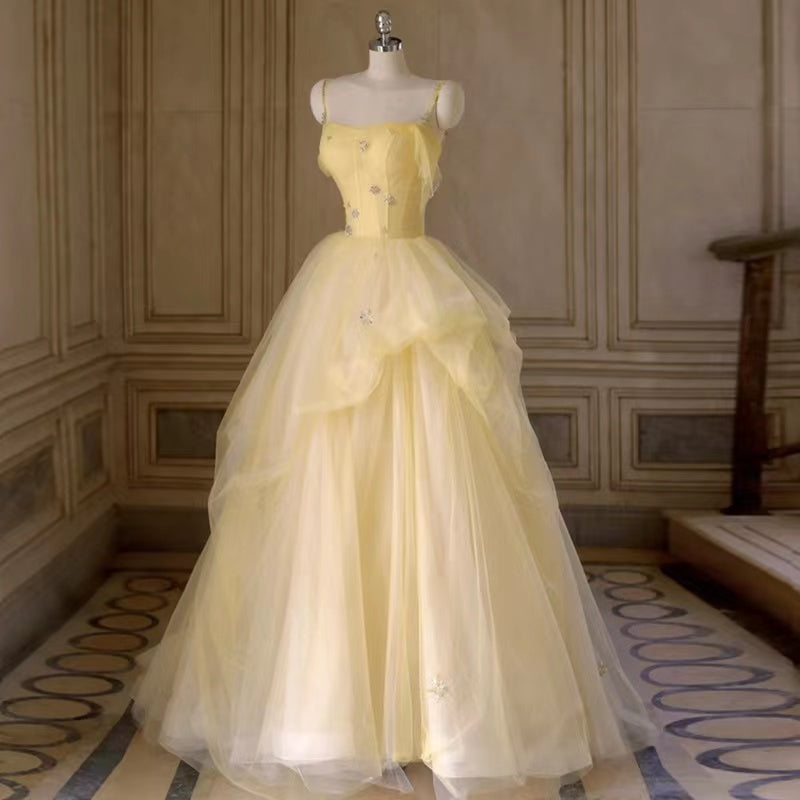Simple party dress, birthday fairy dress, socialite senior yellow prom dress