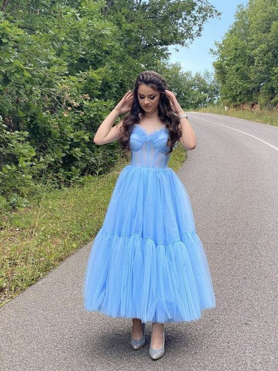 Blue sweetheart neck tulle Tea-Length prom dress, blue homecoming dress - FashionDia