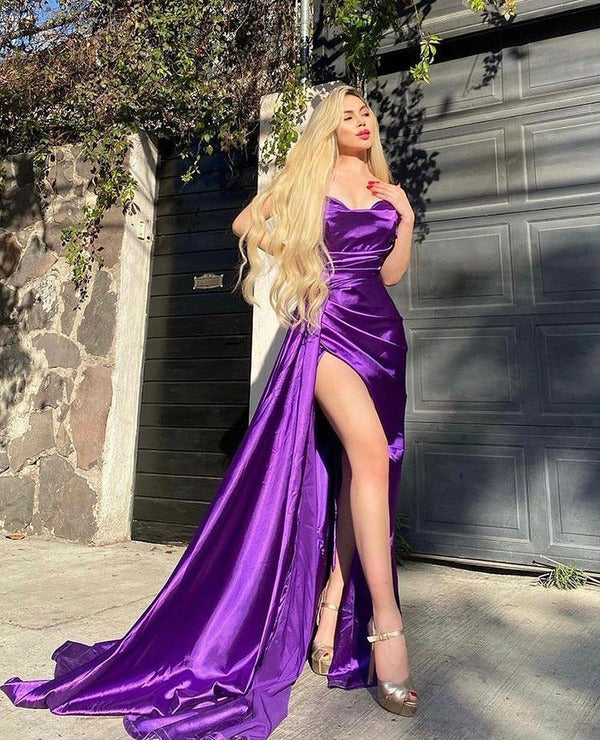 Sexy purple Mermaid Satin Long Prom Dresses Side Slit Long Evening Gowns