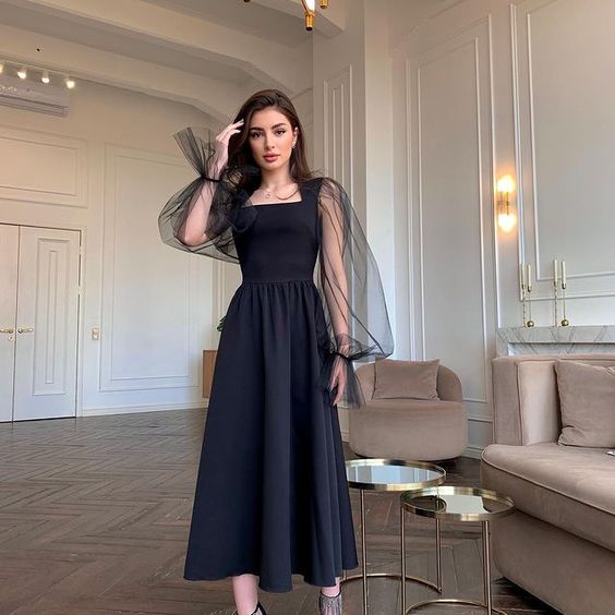 Black prom dresses long sleeve a line evening dresses