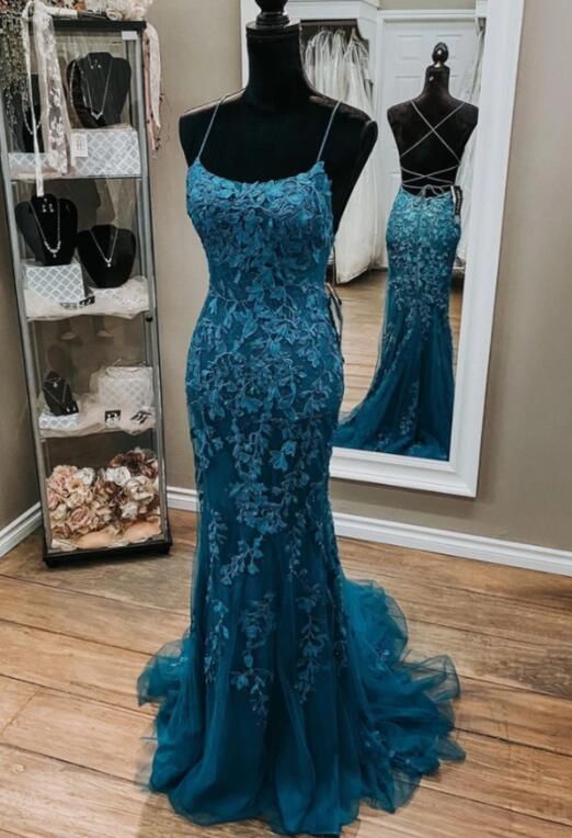 Straps Mermaid Dark Teal Backless Long Prom Dress With Lace