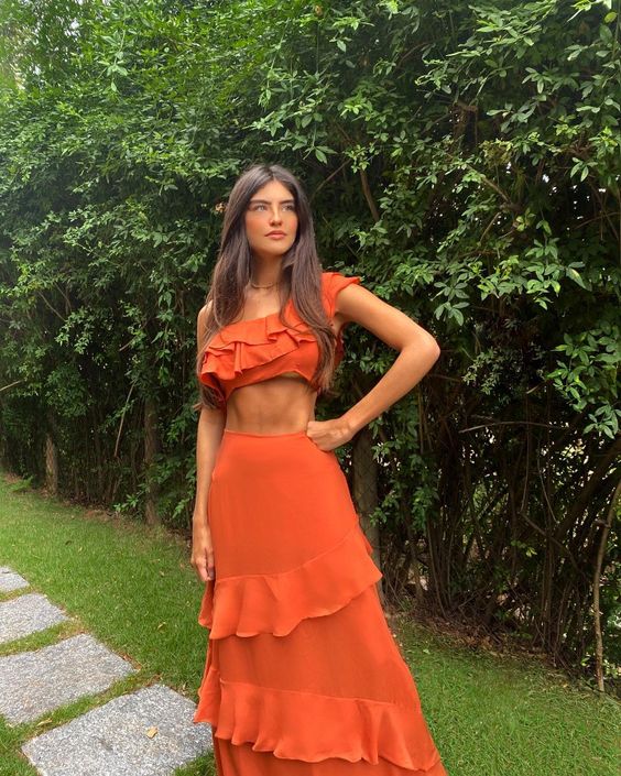 Elegant Orange Two Piece Prom Dress Long Evening Dress