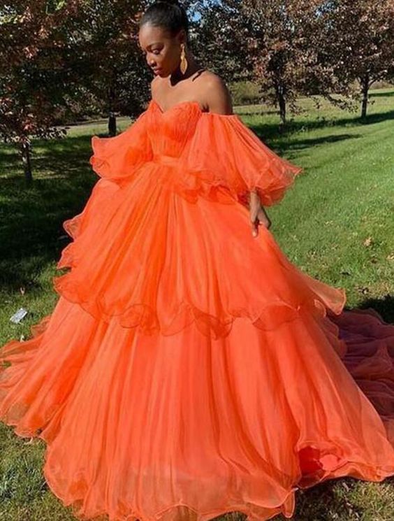 Off The Shoulder Orange Ball Gown Party Dresses - VelvetHem