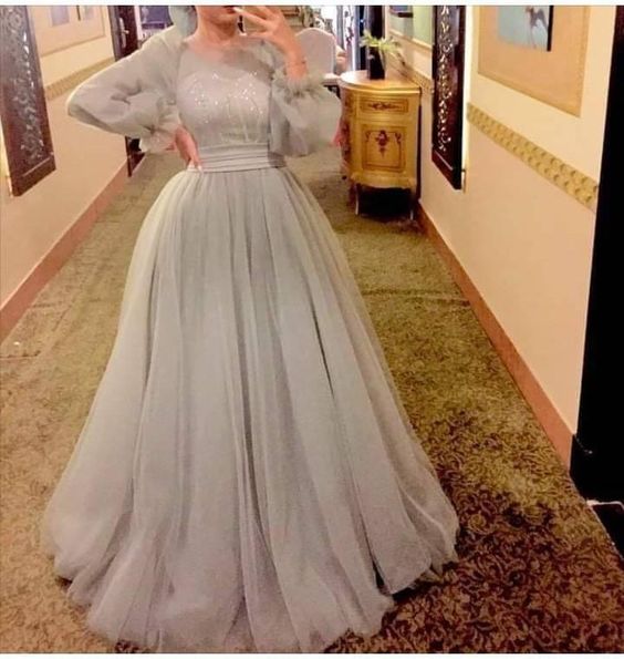 Silver Gray A line tulle prom dress tulle party dress