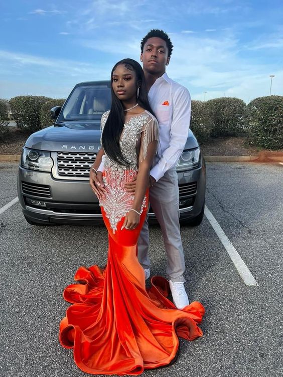 2023 Mermaid Long Orange Prom Dresses Party Dress