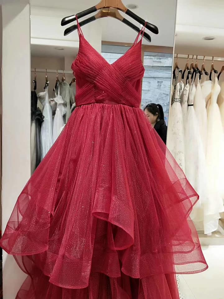 A Line Spaghetti Straps Sparkly Red Tulle Prom Dresses
