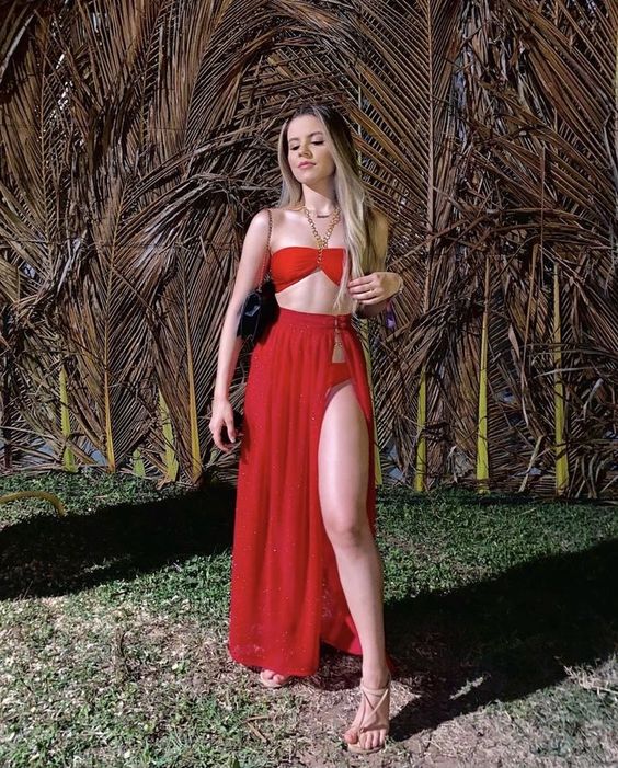 Elegant Two Piece Red Prom Dress Long Evening Dress