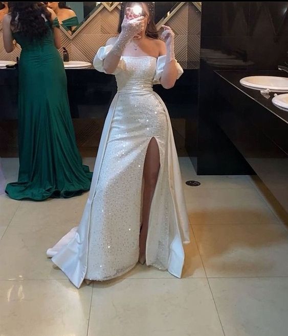 Off the Shoulder White Long Prom Dress