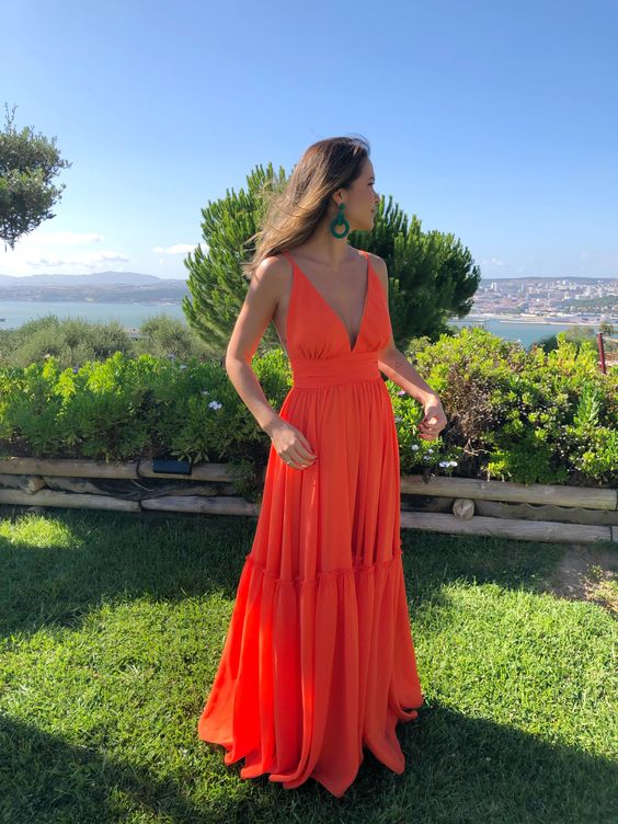 Simple orange evening dresses, long prom dress