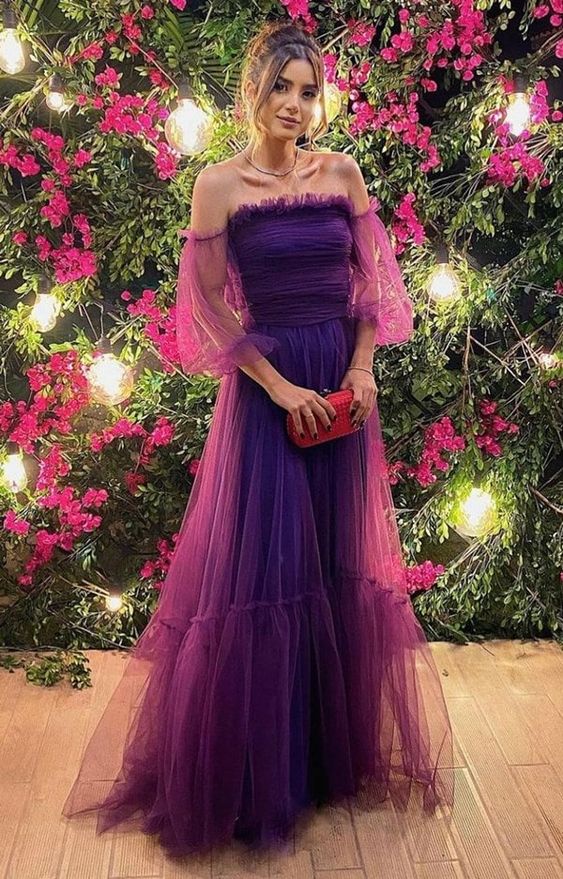 A Line Purple Long Prom Dresses Party Evening Gowns