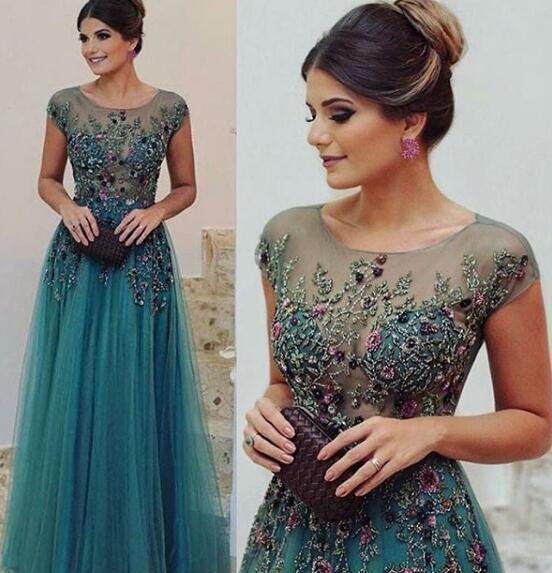 A-Line Scoop Floor Length Short Tulle Prom Dress/Evening Dress