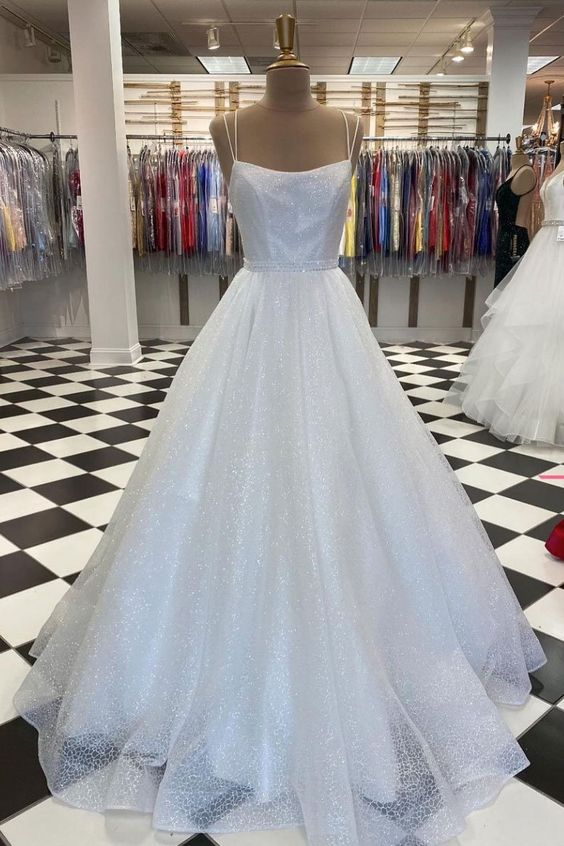 White tulle sequin long prom dress white tulle evening dress - VelvetHem