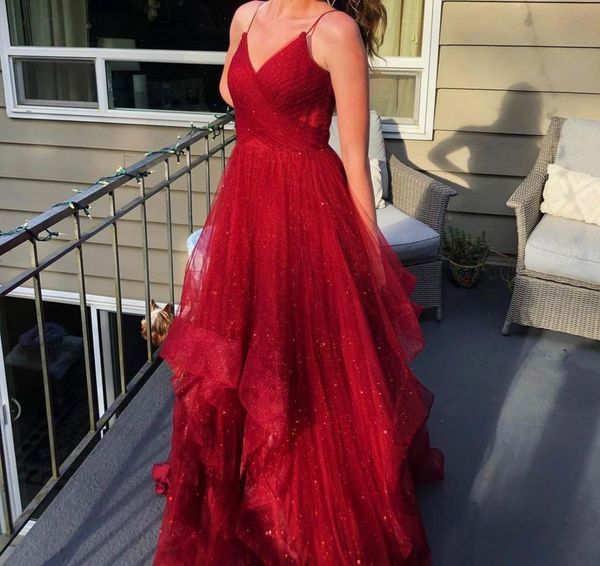 A Line Spaghetti Straps Sparkly Red Tulle Prom Dresses