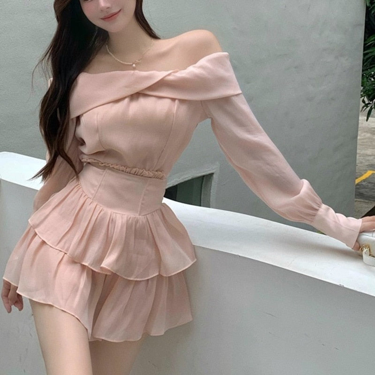 Off Shoulder Cross Slash Neck Long Sleeve Homecoming Dress