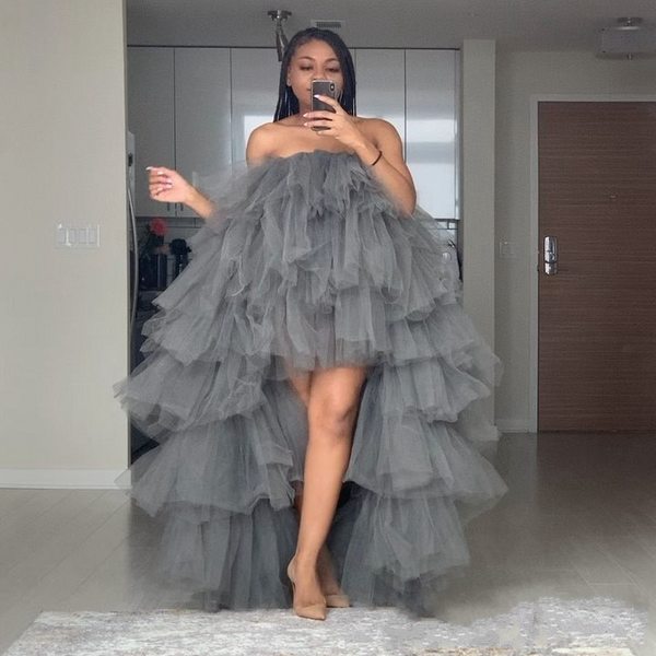 Grey Tulle Strapless Prom Dresses,High Low Prom Dress Evening Gown