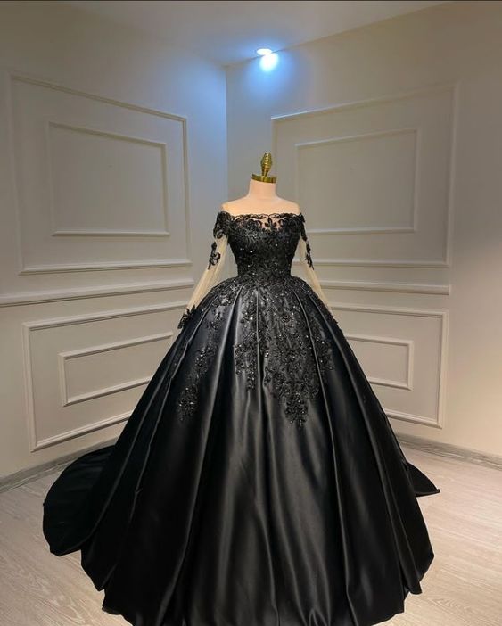 Black Ball Gown Satin Long Prom Dress