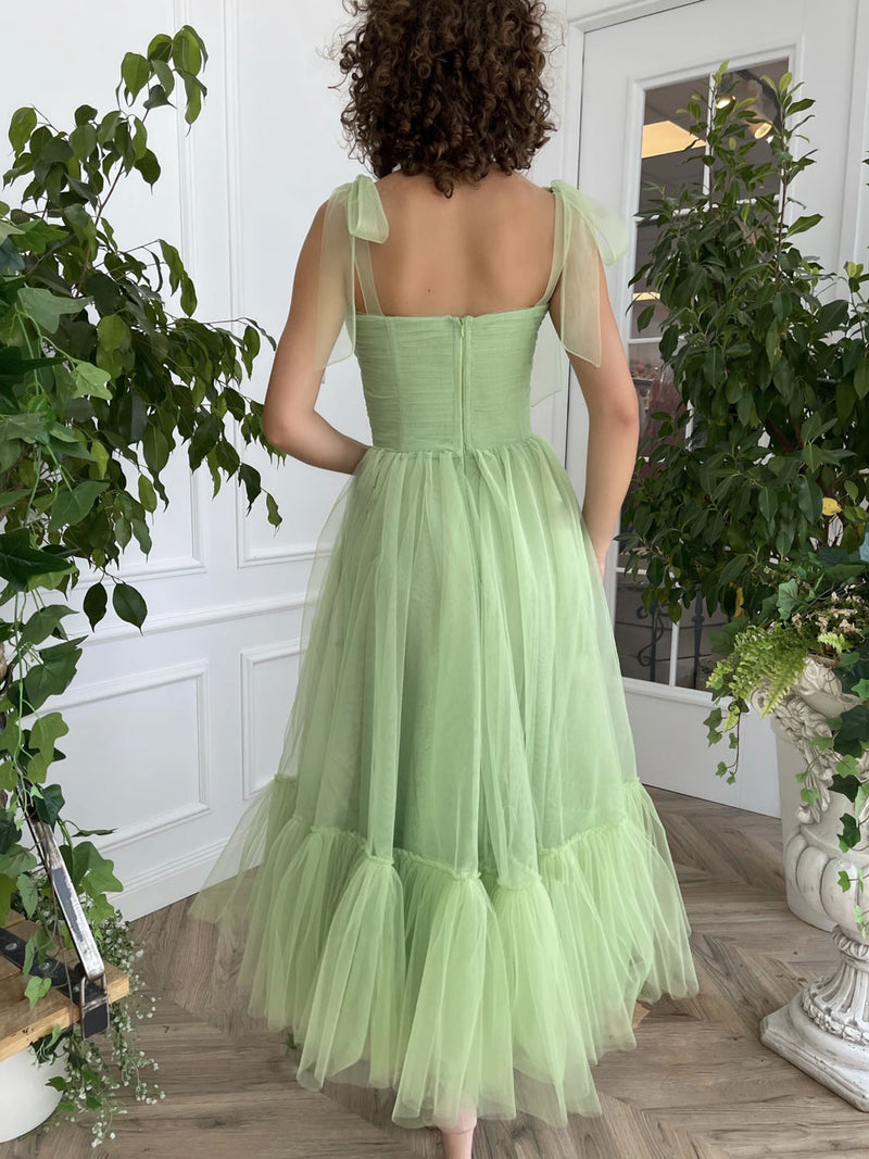 Simple Green Tulle Tea Length Prom Dress, Green Evening Dress