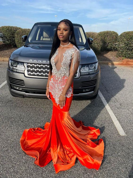 2023 Mermaid Long Orange Prom Dresses Party Dress