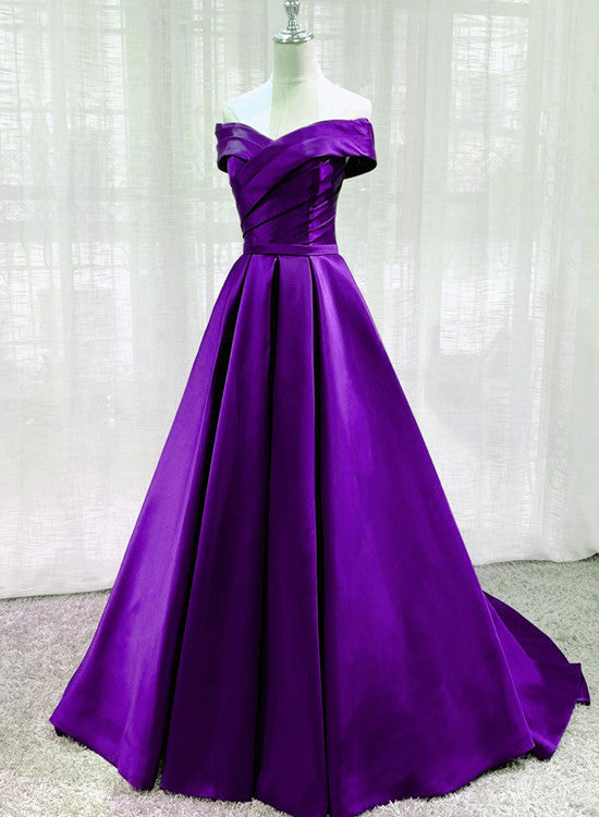 Purple Satin Off Shoulder Long Evening Dress Prom Dress, Purple A-line Party Dresses